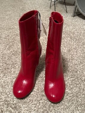 Zara Red Leather Mid-Calf Heeled Boots